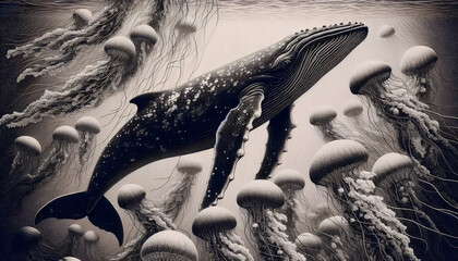 An engraved style whale and jellyfish art, Ai generated image