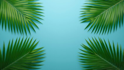 Flat lay of tropical palm leaves on a blue background serving as editorial header background, summer theme