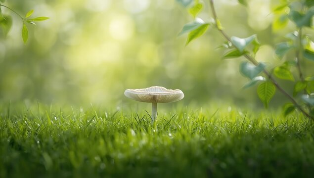 Springtime scene of exotic mushroom emerging on vibrant green hay, highlighting natural sporulation