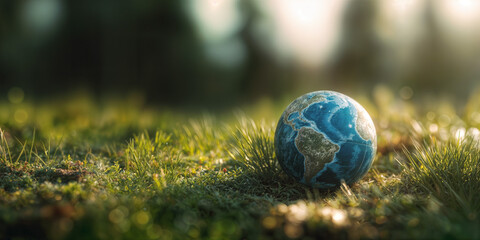 Vibrant Earth Day Concept with Lush Green Grass and Blue Planet, Perfect for Environmental Campaign Banners
