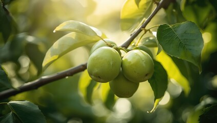 Fototapeta premium Fresh green plums clustered on a tree, highlighting natural fruit development and agricultural cycles