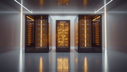 Modern data center featuring advanced storage solutions and rendering hardware enclosed in glass with blinking yellow lights, technology environment