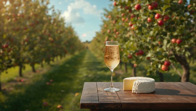 Apple cider and camembert cheese set among green apple trees with ripe red fruits, emphasizing orchard harvest season
