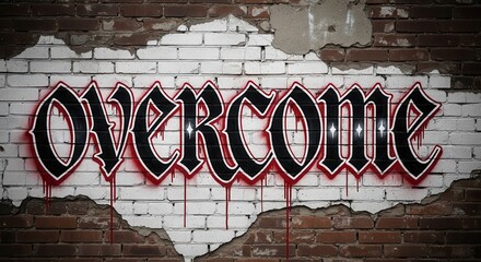 Motivational word painted in black gothic script on a distressed white and brick wall surface