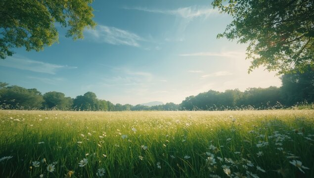 Flowers and grass under a clear blue sky used as a background for editorial headers or layout