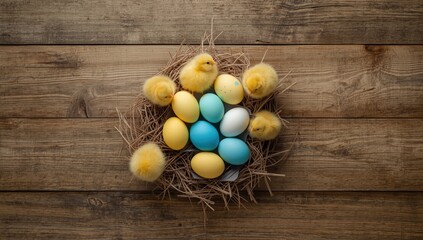 Colorful eggs and chicks arranged on wood surface, ideal for festive holiday backgrounds and greeting card design