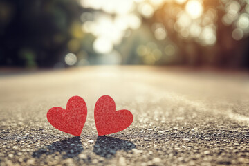 Fototapeta premium Two Red Paper Hearts on a Sunlit Road, Capturing Romantic Moments and Valentine’s Day Vibes