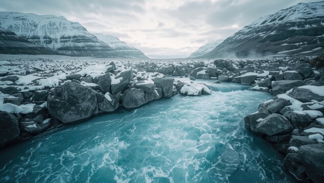 Turquoise glacial river winding through snow-dusted rocks in remote landscape, Earth Day - Powered by Adobe