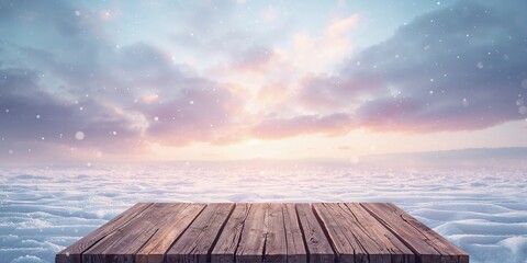 Snow-covered terrain with snowflakes drifting down onto a wooden surface, suitable for seasonal backgrounds