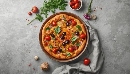 Unbaked focaccia with vegetables and olives in a baking dish, emphasizing preparation stage