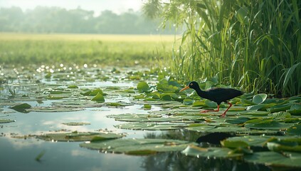 Wading bird with elongated toes and claws walking on aquatic plants in shallow lakes, focusing on habitat features