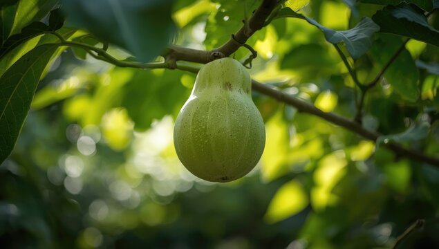 Crescentia cujete fruit on a tree branch, illustrating plant development and foliage in natural light