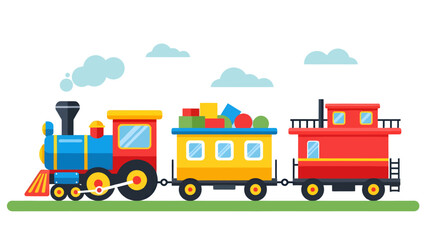 Flat Illustration Colorful Cartoon Train with Freight Carriages Landscape