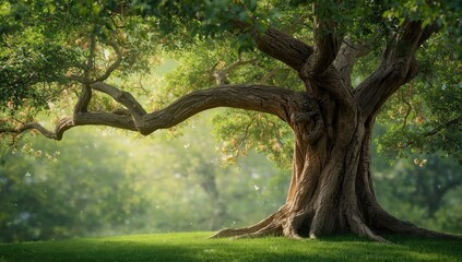 A large tree with sprawling branches within a woodland, highlighting natural preservation