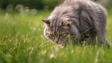 Gray tabby cat exploring fresh green grass and oats, highlighting pet health with natural food ingredients