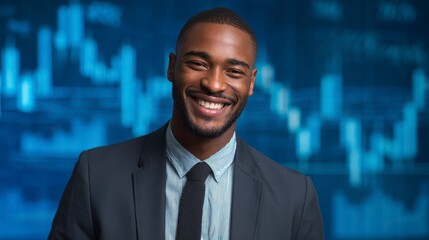 A smiling Black businessman, smartly dressed in a suit and tie, against a blurred blue background of financial data charts