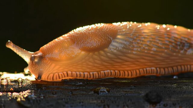 Macro shot of a slug crawling on a wet surface with a dark background. Great for nature