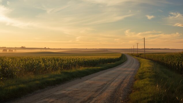 Dirt road at dawn surrounded by hills and cornfields, suitable as a rural background for layout or text - Powered by Adobe