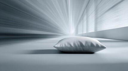 A solitary white pillow rests on a smooth, reflective surface, with blurred, bright lines emanating from a distant point