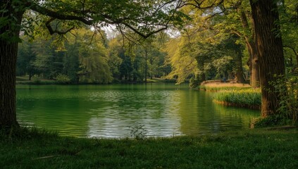 Obraz premium Green park landscape featuring a calm lake and dense forest, suitable for recreational use