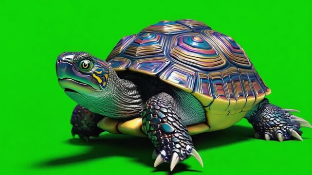 Vibrant turtle with colorful shell on green background