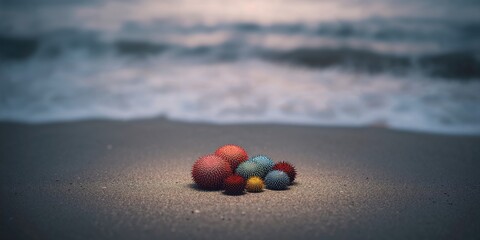 Colorful sea urchins resting on a low-light beach, marine life preservation, Earth Day