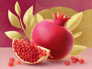 Ripe red pomegranate with glistening water droplets and verdant leaves