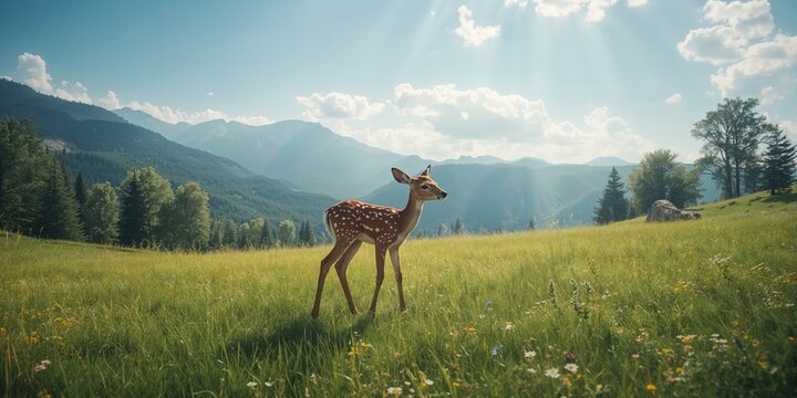Deer resting in vibrant summer mountain grassland, highlighting natural habitat and seasonal scenery - Powered by Adobe