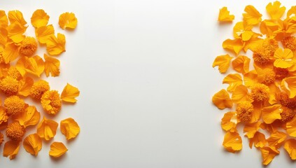 Isolated marigold yellow petals on white backdrop, ideal for layout and art compositions