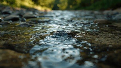 Water flowing over rocks in a clear stream, highlighting natural movement and reflections, Earth Day