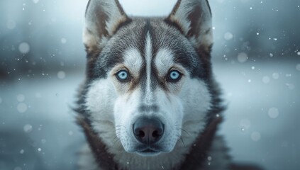 Naklejka premium Huskys intense blue eyes in a detailed close-up, ideal for wildlife or breed recognition applications