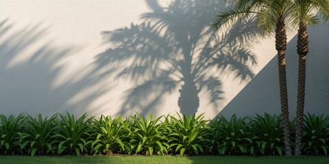Shadow of palm tree on wall with lush green plants, ideal for tropical-themed background design