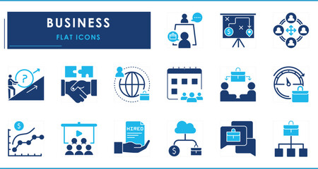 A set of flat icons related to Business. Job, graph, online, meeting, hire, discuss, struggle, talk, and so on.