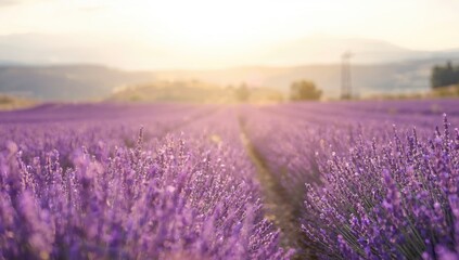 Obraz premium Close-up of lavender flowers with bokeh at sunset, used as a floral background or banner, World Lavender Day