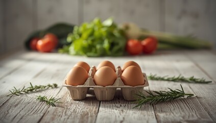 Raw eggs in a cardboard egg holder, emphasizing food safety and handling, World Egg Day