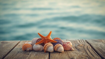 Collection of seashells displayed on textured wooden surface serving as an abstract background for nature-inspired designs, summer theme