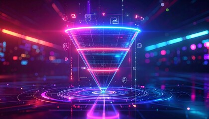 Neon data funnel depicting tech processing, light, and visualization