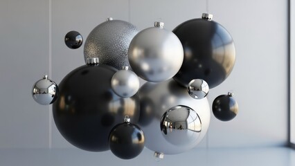 Floating silver and black Christmas ornaments cluster against a grey wall