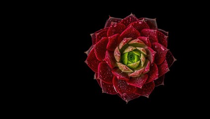 Detailed view of a red and green rosette with dewdrops, natural freshness for floral design backgrounds