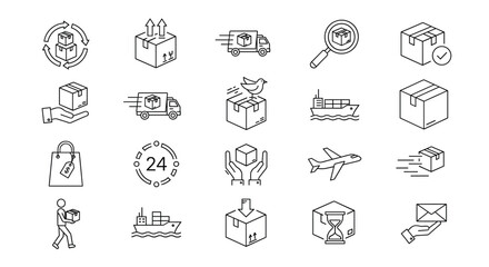 Outline Vector Icon Set Representing Global Logistics Express Parcel Delivery Freight Shipping Supply Chain Management and International Distribution Services
