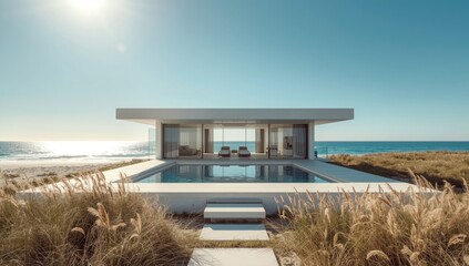 Contemporary seaside residence featuring a pool and sun loungers, highlighting vacation comfort, Earth Day