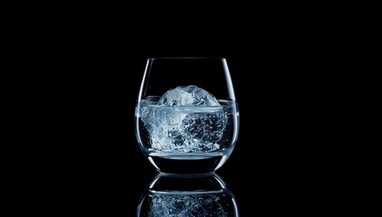 Clear beverage with a spherical ice cube against dark backdrop, highlighting refreshment and temperature control