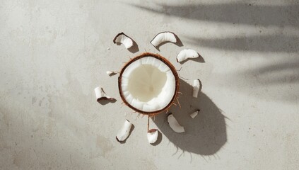 Cracked coconut and nut slices on concrete, designed as a text overlay background, tropical theme
