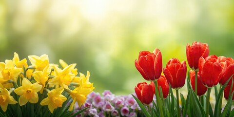 Obraz premium Bright red tulips and yellow daffodils in a flower bed, seasonal bloom display, Earth Day