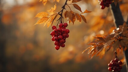 Rowan berries against a woodland scene, natural food sources for birds