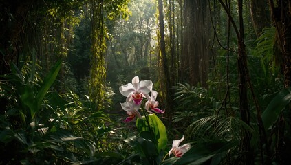 Orchidaceae flower nestled in lush rainforest foliage, highlighting biodiversity awareness