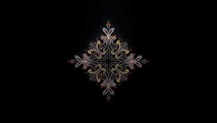 Black background with a technically modified, abstract ornament pattern featuring white, yellow, orange, blue, and pink hues