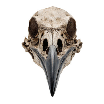 Frontal view of weathered avian skull, sharp dark beak, isolated on pure white, intricate bone texture