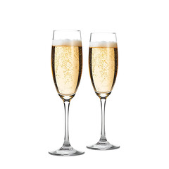 Two glasses of sparkling champagne with bubbles, luxury celebration toast, transparent PNG cut-out for party designs.