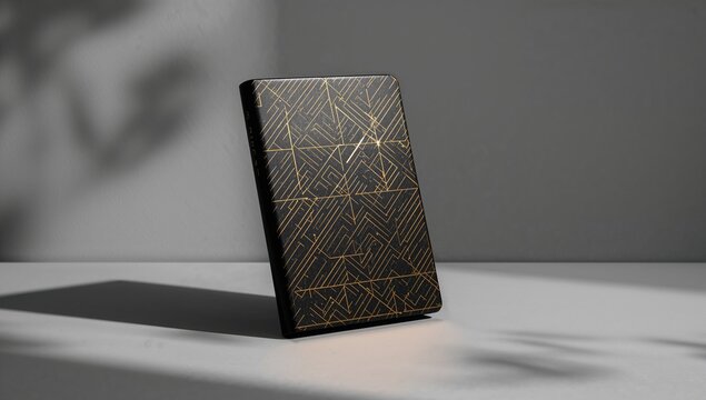 Black hardcover notebook featuring a metallic gold geometric pattern, suitable for personal organization or journaling